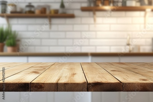 Empty wooden table in blurred kitchen background. (1)