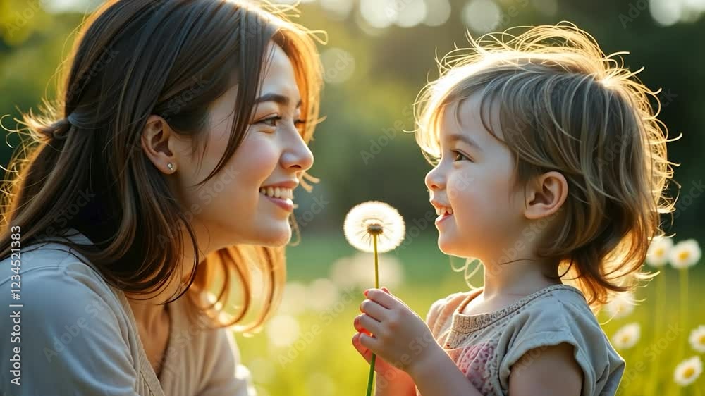 A close-up of a serene, heartwarming moment, a woman with soft, chestnut hair gently smiles as she kneels down to speak to a child in the vibrant A close-up of a serene, heartwarming moment, a woman with soft, chestnut hair gently smiles as she kneels down to speak to a child in the vibrant