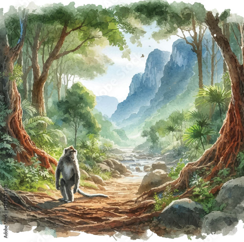 Monkey in forest scenic view in water color style in vector 