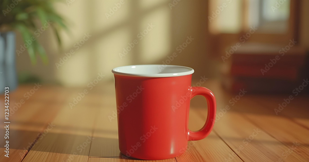 A vibrant red mug sits on a wooden table bathed in warm sunlight streaming through a window, creating a cozy and inviting atmosphere. A vibrant red mug sits on a wooden table bathed in warm sunlight streaming through a window, creating a cozy and inviting atmosphere.