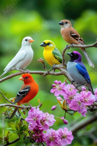 Colorful Birds Perched on Tree Branch