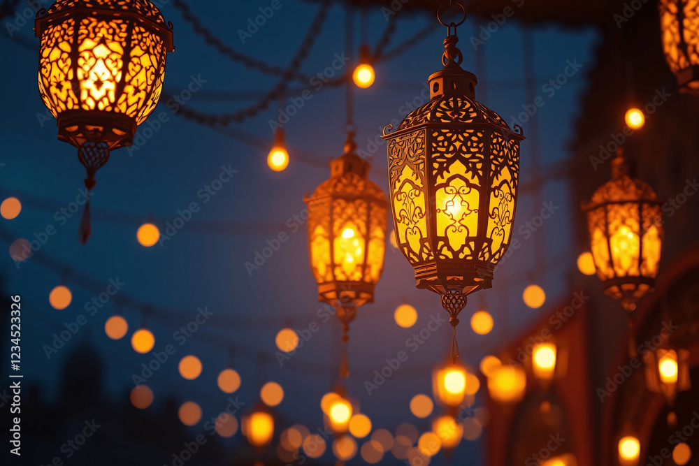 Fototapeta premium Golden Moroccan Ramadan Lanterns Illuminated in Dramatic Chiaroscuro Lighting with Intricate Patterns