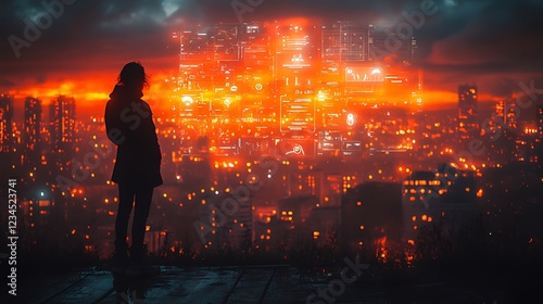 Woman silhouetted against futuristic dystopian city at night, fiery orange glow.