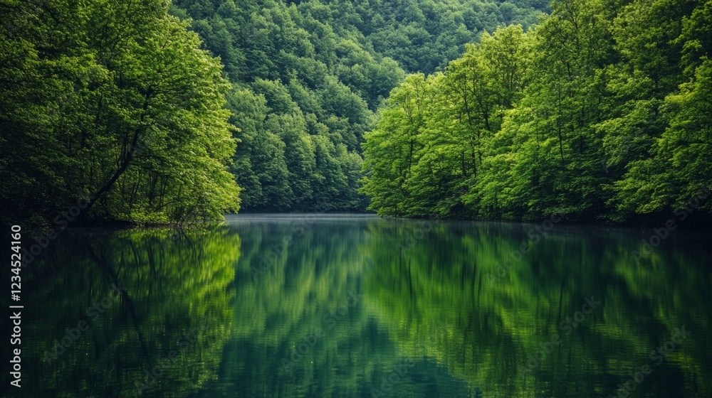 Tranquil Lake Surrounded by Lush Green Forests Reflecting Calm Waters Tranquil Lake Surrounded by Lush Green Forests Reflecting Calm Waters