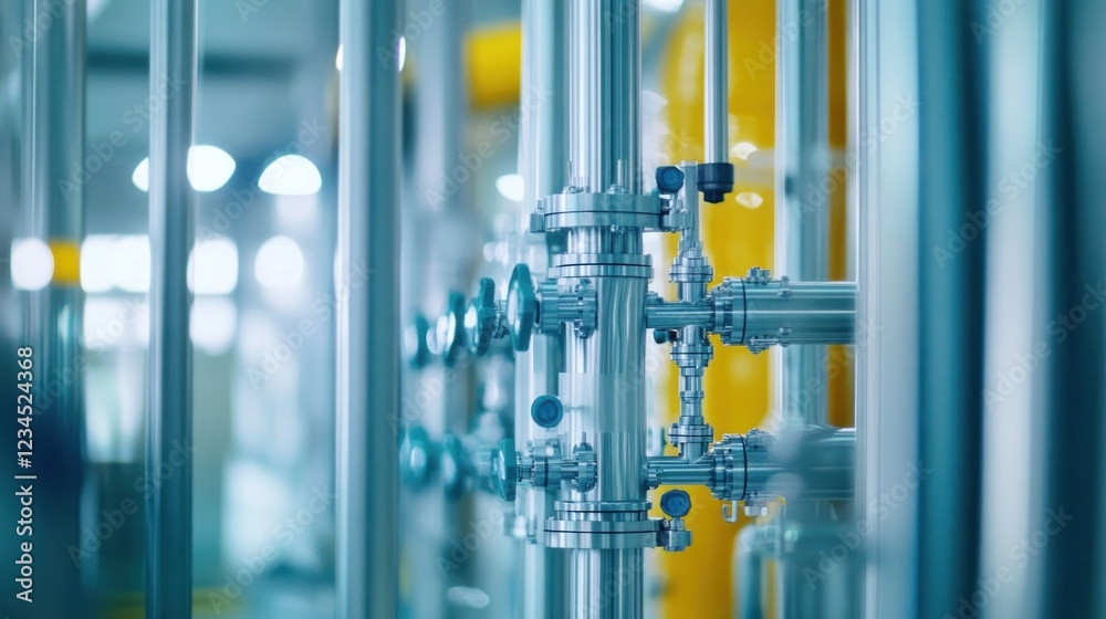 Industrial Piping System Valves Close-up, Factory Background Industrial Piping System Valves Close-up, Factory Background