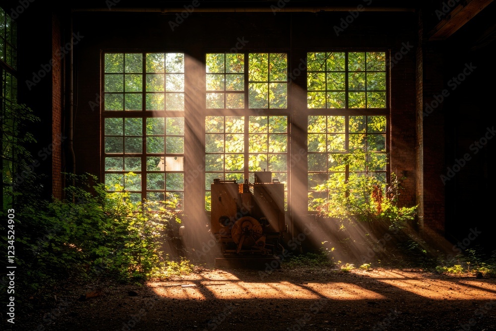 Fototapeta premium Sunbeams illuminate abandoned factory interior with machinery