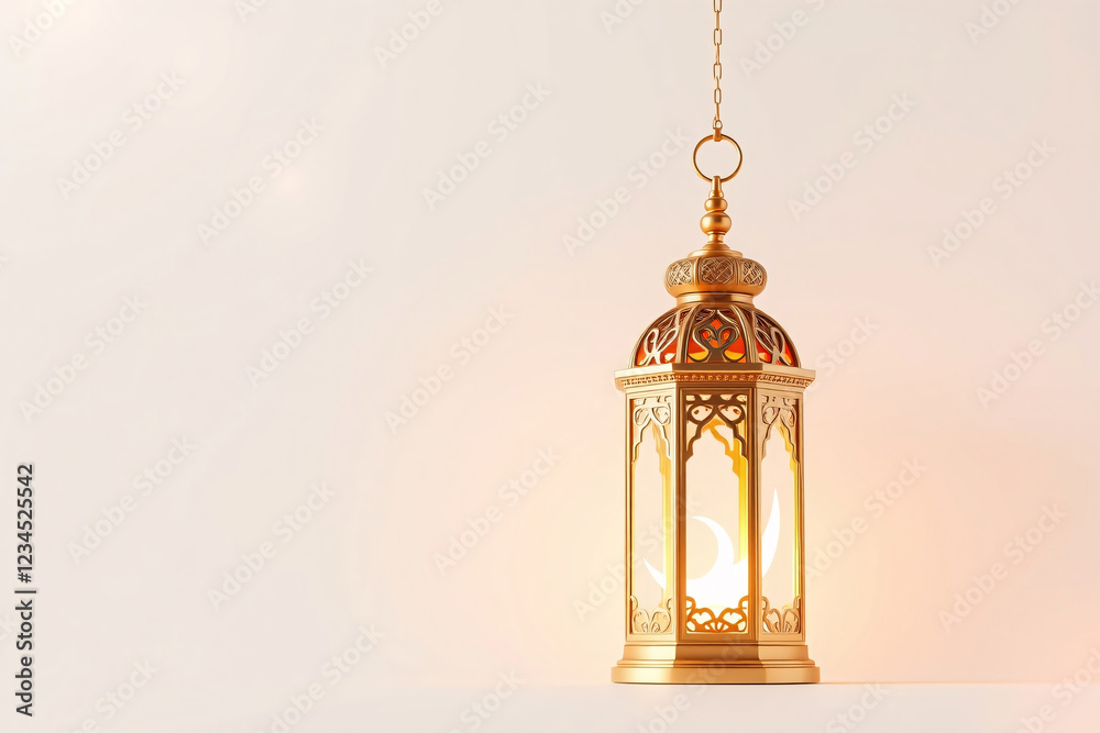 Obraz premium Traditional Ramadan Lantern Casting Warm Light with Crescent Moon Design