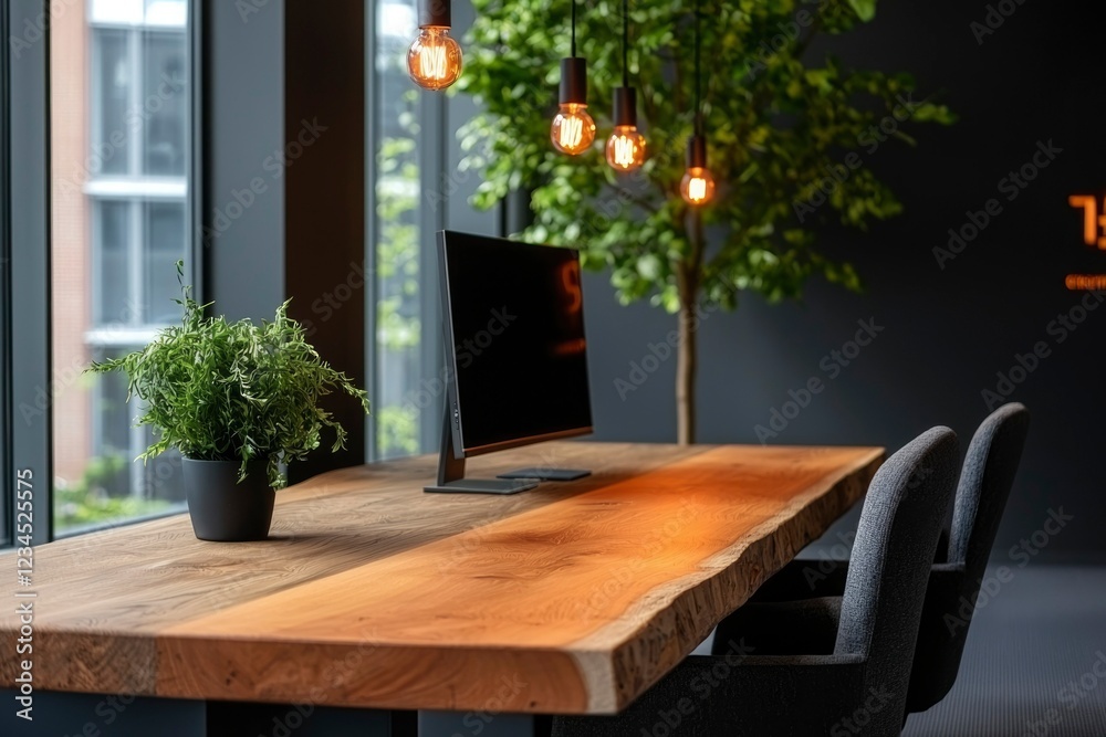 Fototapeta premium Modern office workspace with live edge desk and computer