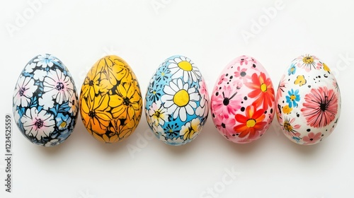 At the bottom of the image are five eggs with free space on top of image for text, creative flower black pattern on pastel colors eggs, white background photo