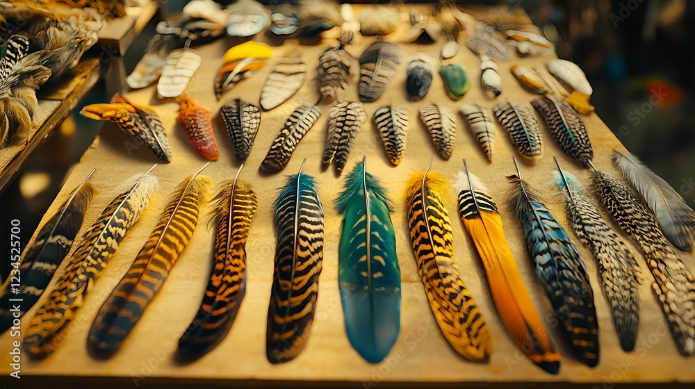 Crafting Station with Sorted Peacock Feathers on Natural Mat Crafting Station with Sorted Peacock Feathers on Natural Mat