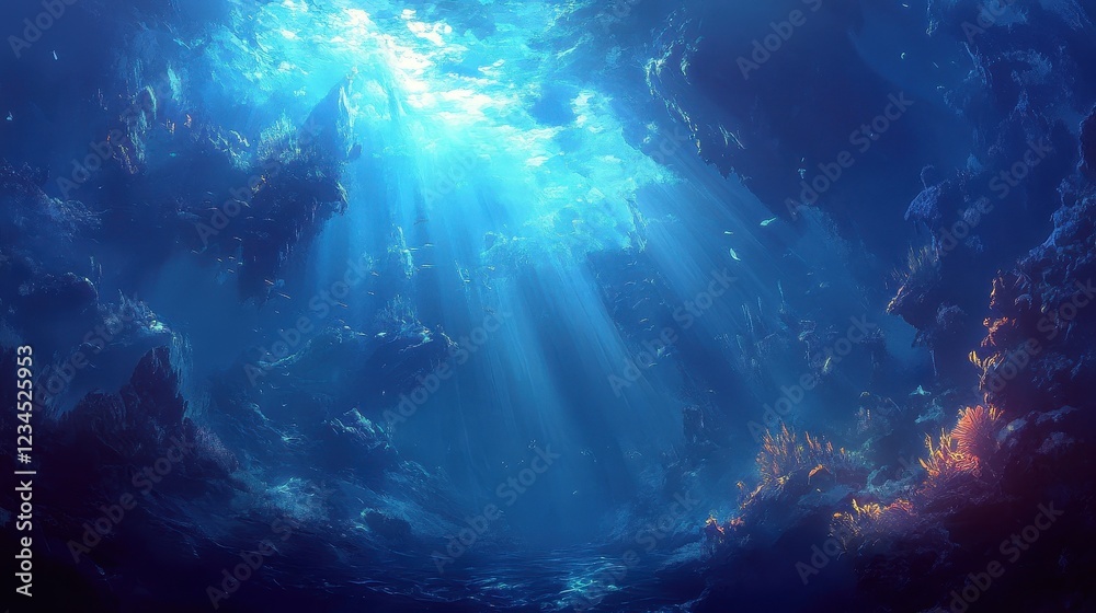 A breathtaking view of the underwater abyss, with sunlight peeking through the surface and lighting up the ocean's mysterious depths. A breathtaking view of the underwater abyss, with sunlight peeking through the surface and lighting up the ocean's mysterious depths.
