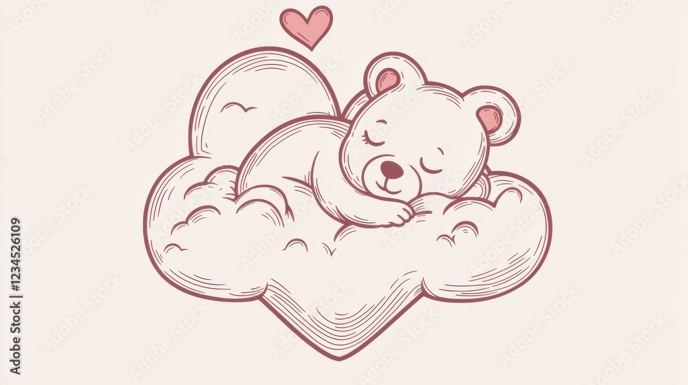 Simple outline of a baby bear sleeping on a heart-shaped cloud, dreamy and peaceful love theme. Simple outline of a baby bear sleeping on a heart-shaped cloud, dreamy and peaceful love theme.