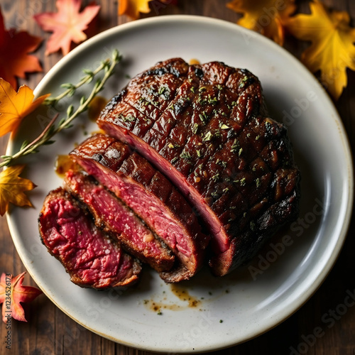 A square image, top view, showcasing a dry-aged barbecue porterhouse steak, sliced, with herbs and salt. 