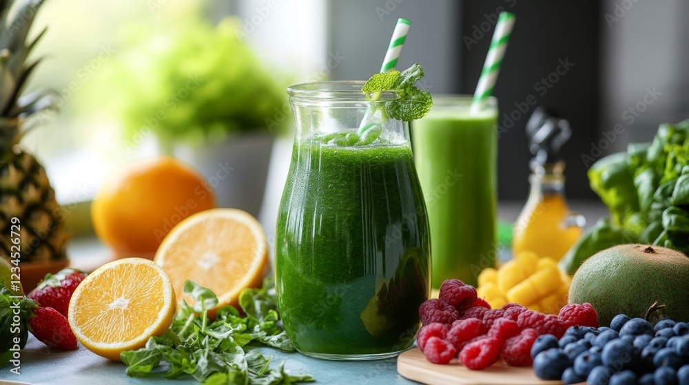Refreshing Healthy Breakfast Setup with Fresh Green Smoothies Refreshing Healthy Breakfast Setup with Fresh Green Smoothies