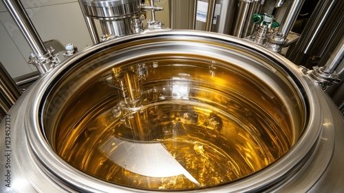 Lab reactor mixing golden liquid, pharmaceutical facility photo