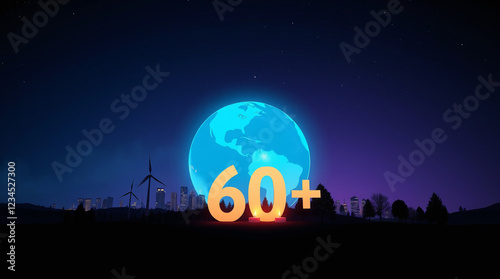 Earth Hour 60+ Minutes Concept – Digital Art with Glowing Candlelights, LED Typography, and Planet Earth in Gradient Colors photo