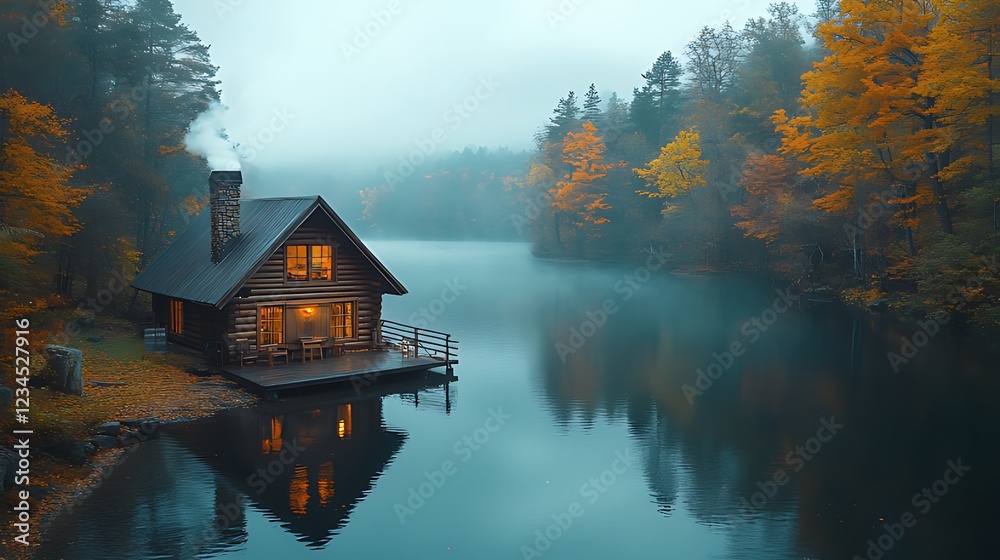 Fototapeta premium Cozy cabin on tranquil lake in autumn fog.