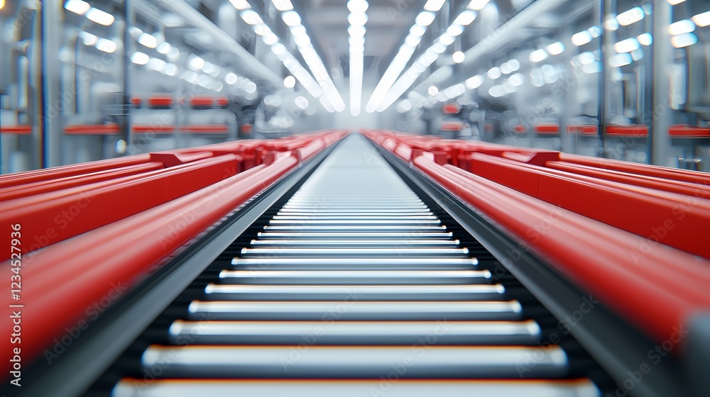 Fototapeta premium A close-up view of a conveyor belt in a modern warehouse, showcasing red tracks and bright lighting in an industrial setting.