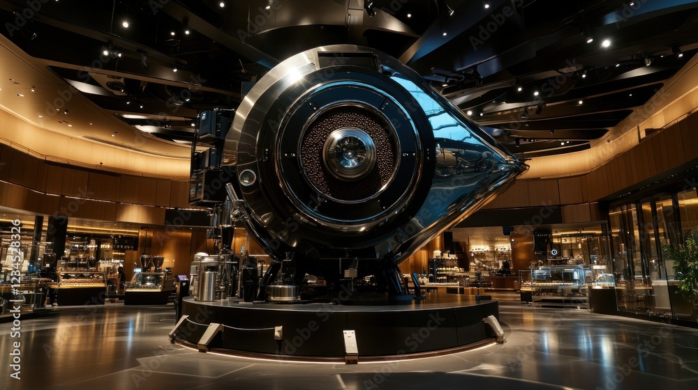 Fototapeta premium Giant roaster, coffee museum, display, brewing, interior, industrial, shiny, metal, technology, background