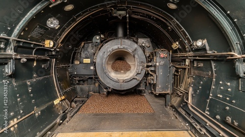 Industrial coffee roaster interior, beans roasting, factory, machinery background, food production