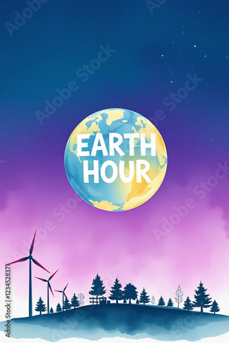Earth Hour Poster Design – Modern Gradient Background with Glowing Earth, City Lights Dimming, and Renewable Energy Icons (4K)