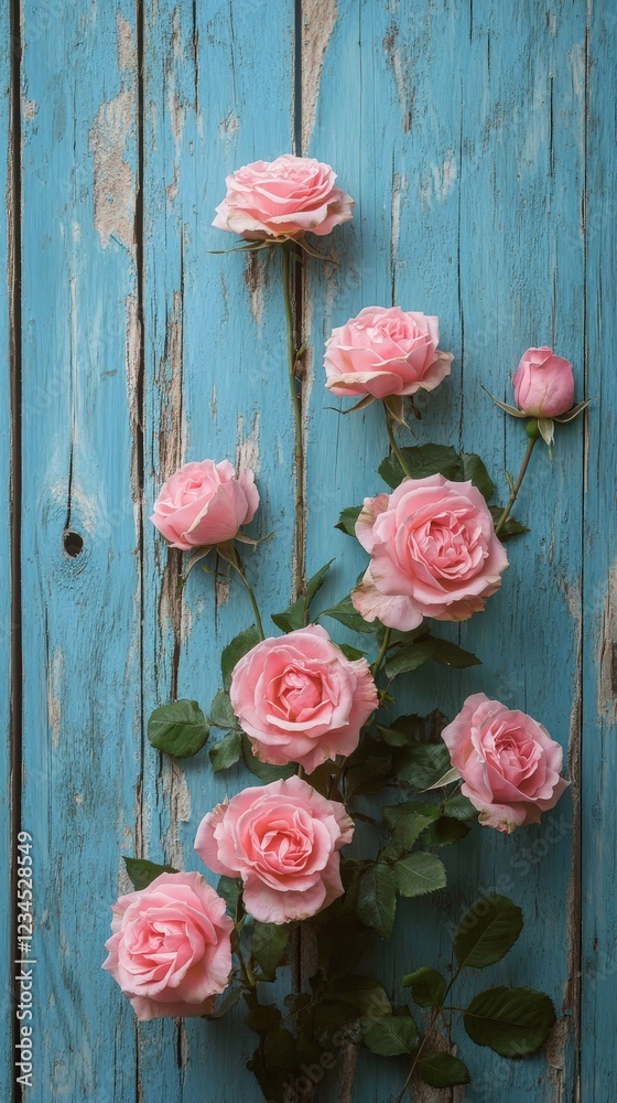 A bouquet of pink roses arranged on a rustic blue wooden background. Perfect for romantic or vintage themes. A bouquet of pink roses arranged on a rustic blue wooden background. Perfect for romantic or vintage themes.