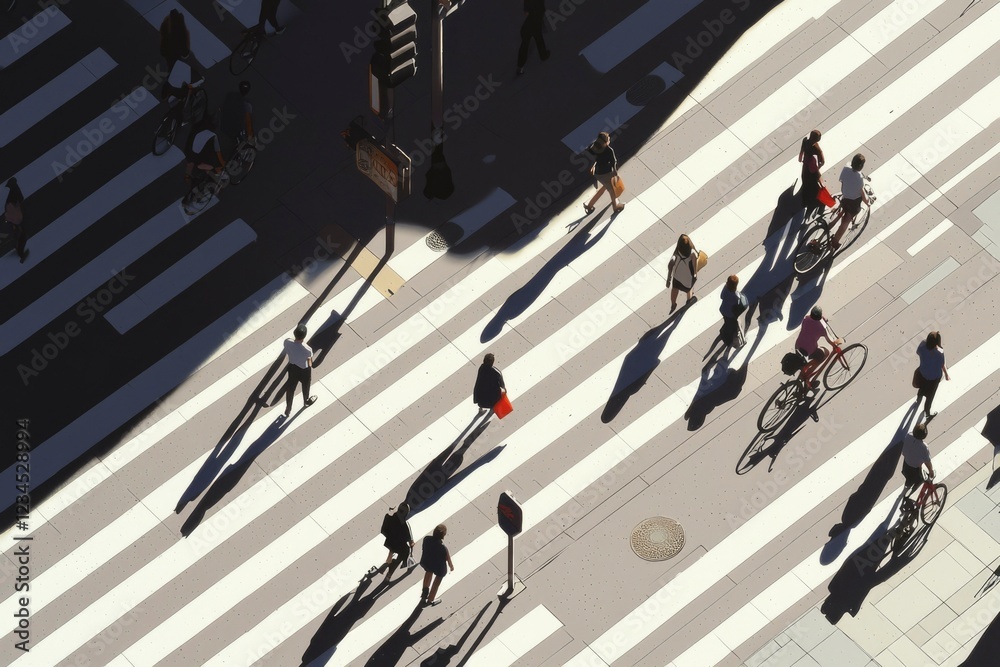Obraz premium Urban Crosswalk Scene Pedestrians Cyclists Shadows