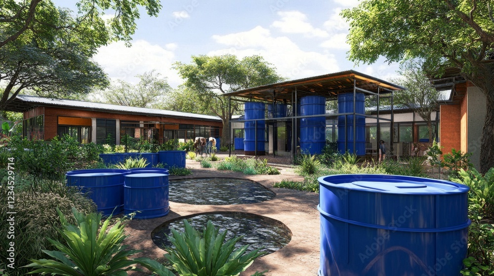 Modern Community Center with Blue Rainwater Harvesting System Modern Community Center with Blue Rainwater Harvesting System