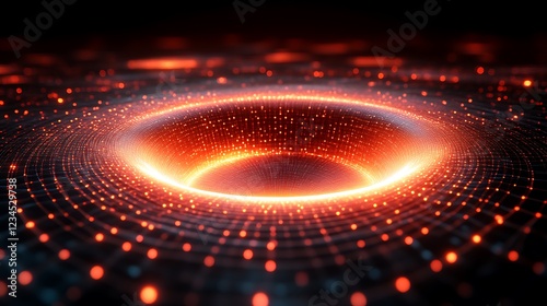 Fototapeta Naklejka Na Ścianę i Meble -  Abstract digital glowing red portal or wormhole in a dark space with grid structure