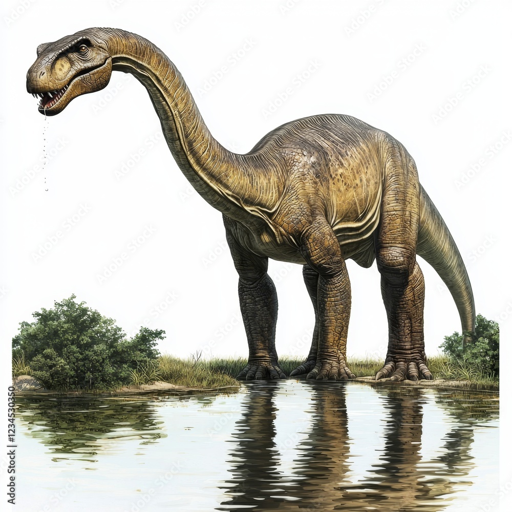 Fototapeta premium Majestic Dinosaur Standing Near Tranquil Water, Showcasing Natural Environment with Lush Greenery and Reflection