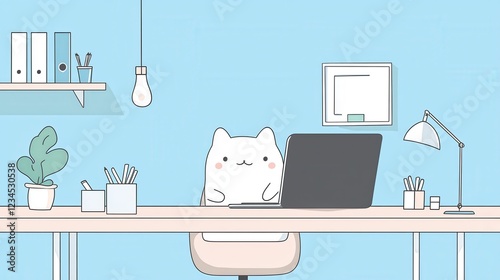 Cozy office setup, kawaii character enjoying remote work, photo