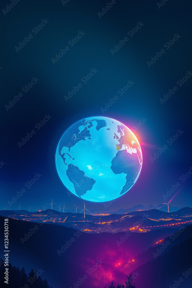 Earth Hour Poster Design – Modern Gradient Background with Glowing Earth, City Lights Dimming, and Renewable Energy Icons (4K)