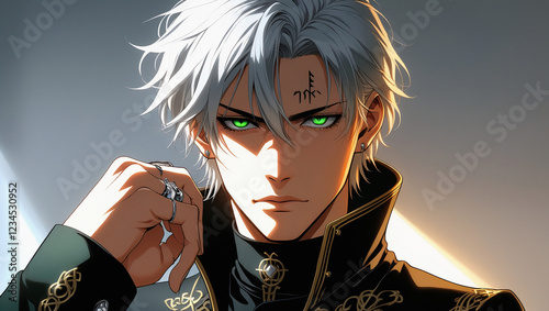 Handsome Anime Warrior with Silver Hair & Golden Embroidery