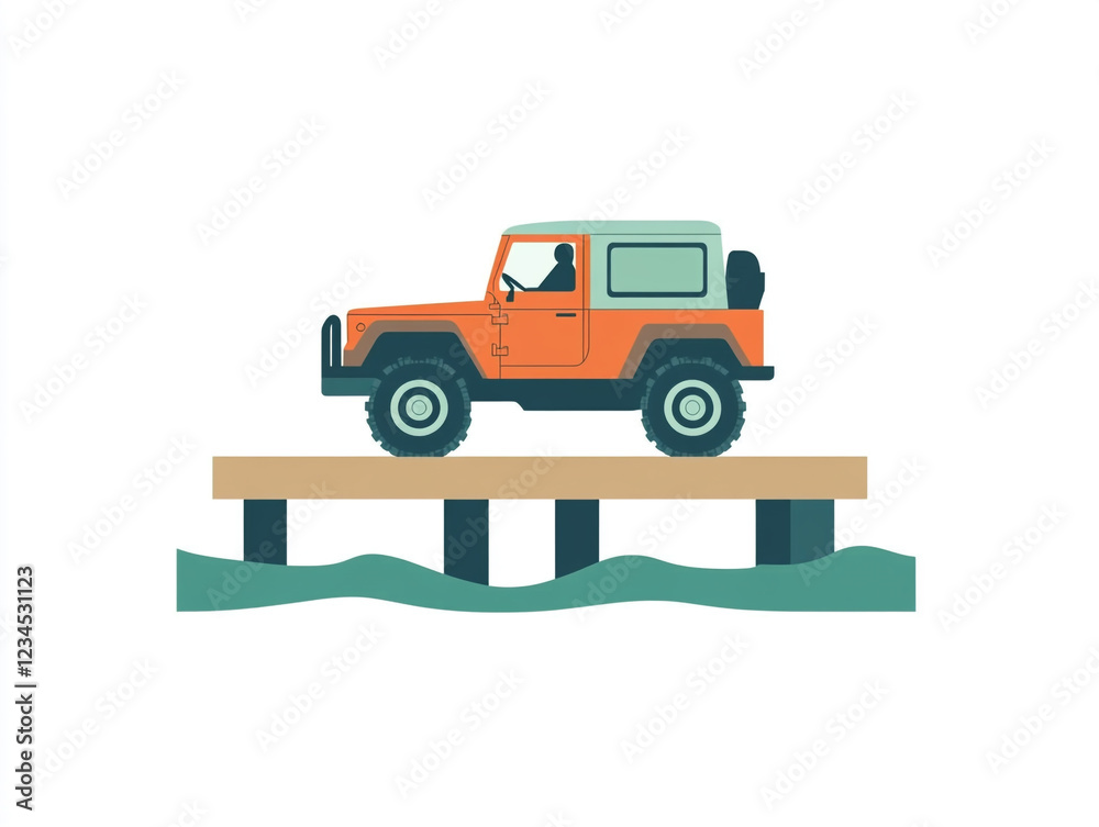 A stylized illustration of an off-road vehicle on a pier above water with a simple, colorful design. A stylized illustration of an off-road vehicle on a pier above water with a simple, colorful design.