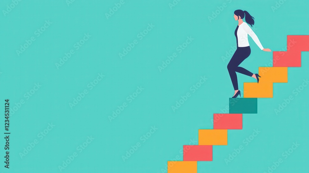 Businesswoman climbing a staircase made of bar graphs, career growth, minimalist Businesswoman climbing a staircase made of bar graphs, career growth, minimalist