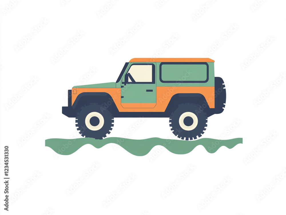 Fototapeta premium A stylized illustration of an off-road vehicle on a pier above water with a simple, colorful design.
