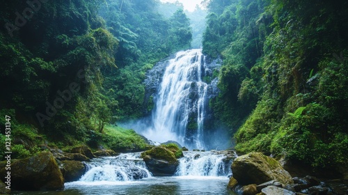 Majestic Waterfall Surrounded by Dense Forest in Nature's Bliss