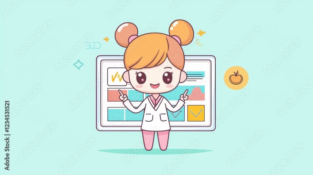 Business presentation, kawaii professional explaining data on a screen, Business presentation, kawaii professional explaining data on a screen,