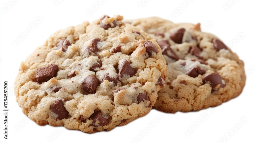 Two chocolate chip cookies, studio shot, white background, dessert food photography Two chocolate chip cookies, studio shot, white background, dessert food photography