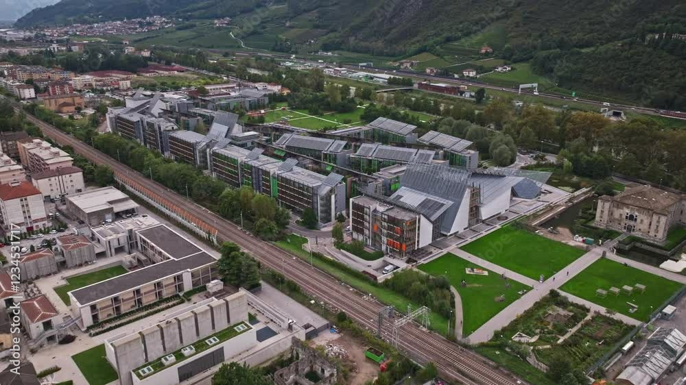 Aerial drone view of Muse - Science Museum of Trento ( Museo delle Scienze di Trento ), Trento , Italy. Aerial drone view of Muse - Science Museum of Trento ( Museo delle Scienze di Trento ), Trento , Italy.