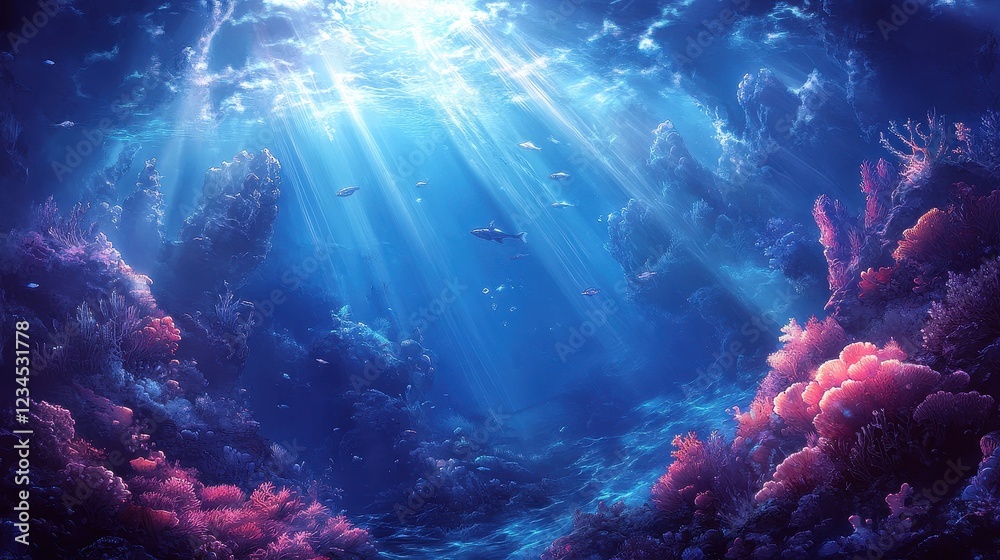 Naklejka premium A serene underwater scene with sunlight rays piercing through the water surface, illuminating the ocean floor with gentle bubbles rising.