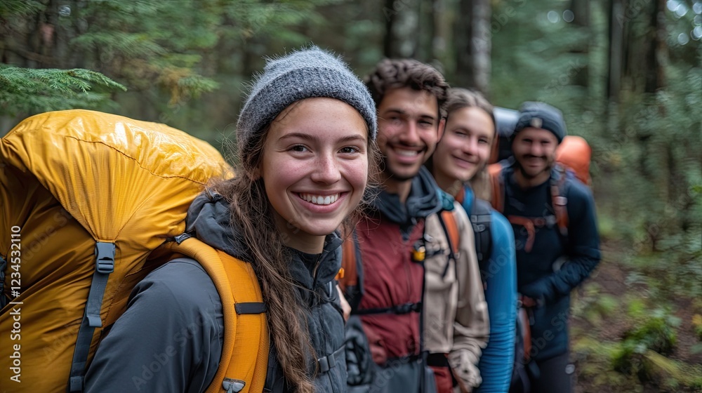 Group of backpackers smiling during a hiking trip in the forest -- Group of backpackers smiling during a hiking trip in the forest --