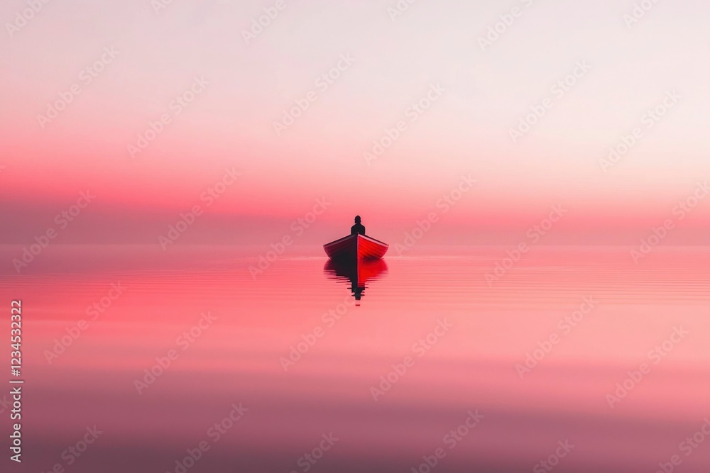 Fototapeta premium Solitary Figure in Red Boat at Sunset
