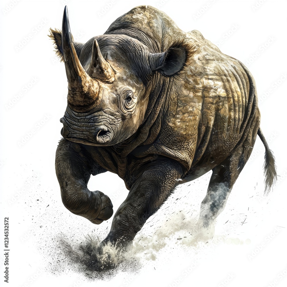 Fototapeta premium Running rhinoceros charging through the savanna dust with an intense expression and powerful stance in a wildlife scene