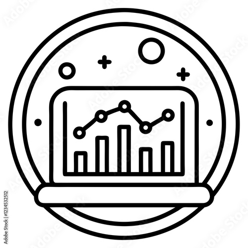 Line art icon depicting a laptop displaying a growing graph within a circular design  