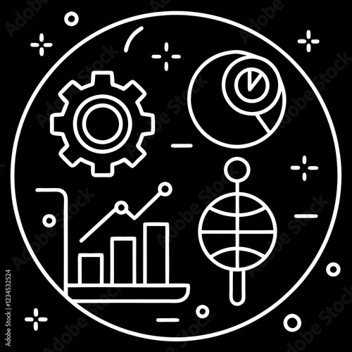 Line art icon set representing data analysis and business metrics  