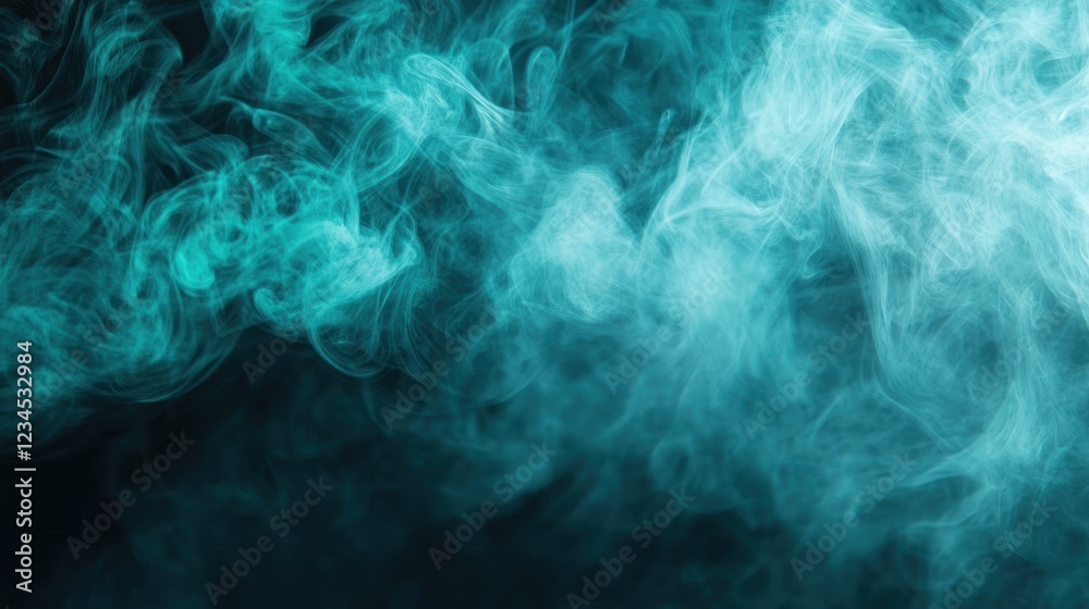 Teal smoke swirls against black background, abstract design element Teal smoke swirls against black background, abstract design element