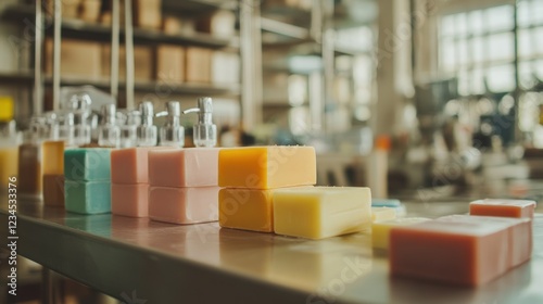 Colorful soaps, pump bottles, factory, packaging, production
