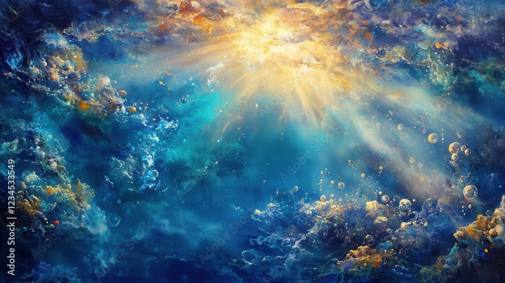 Fototapeta premium An underwater shot of sunlight rays breaking through the water, with bubbles floating lazily upward and a calm ocean floor below.