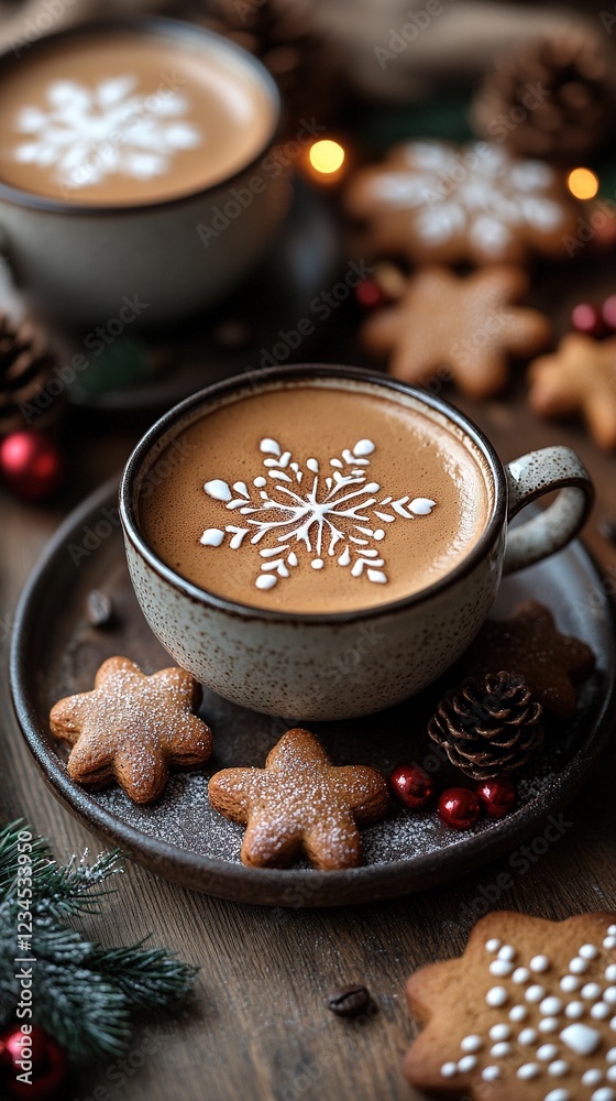 Two lattes with snow art, cookies on a wooden table with pinecones and lights background Two lattes with snow art, cookies on a wooden table with pinecones and lights background
